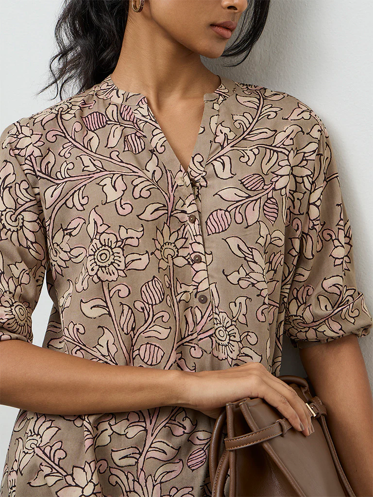 Utsa Taupe Botanical Printed Tunic - Image 3