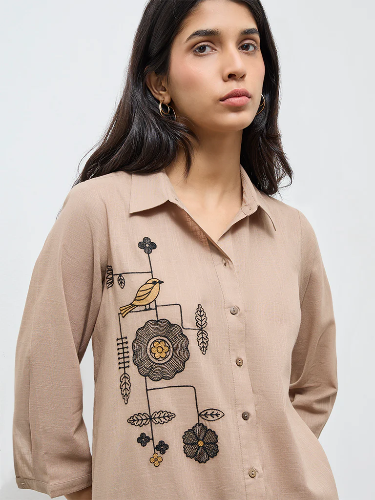 Utsa Taupe Embroidered A-Line Cotton Kurta - Image 3