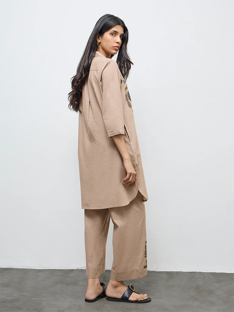 Utsa Taupe Embroidered A-Line Cotton Kurta - Image 4