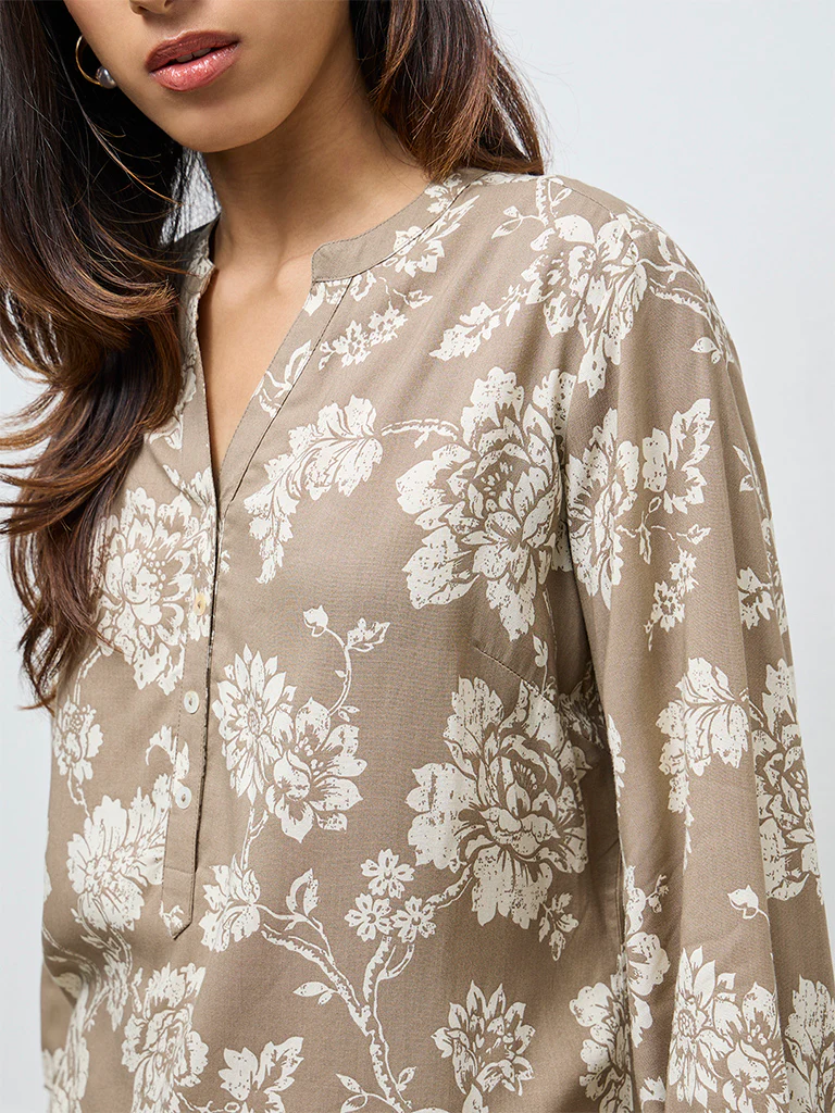 Utsa Taupe Floral Design Tunic - Image 3