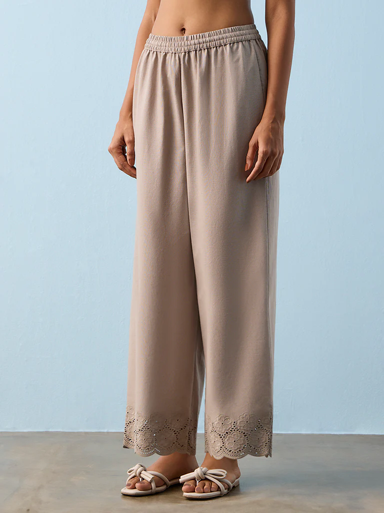 Utsa Taupe Floral Embroidered Pants