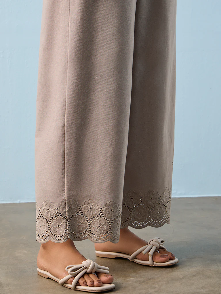 Utsa Taupe Floral Embroidered Pants - Image 3