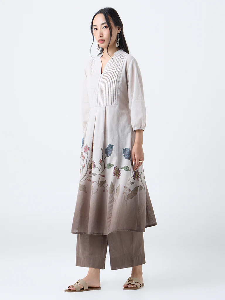 Utsa Taupe Foliage Printed Fit-and-Flare Cotton Kurta - Image 2