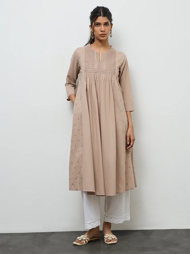 Utsa Taupe Mirror-Work Cotton A-Line Kurta