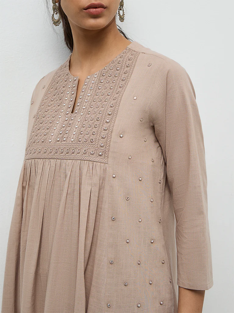 Utsa Taupe Mirror-Work Cotton A-Line Kurta - Image 3