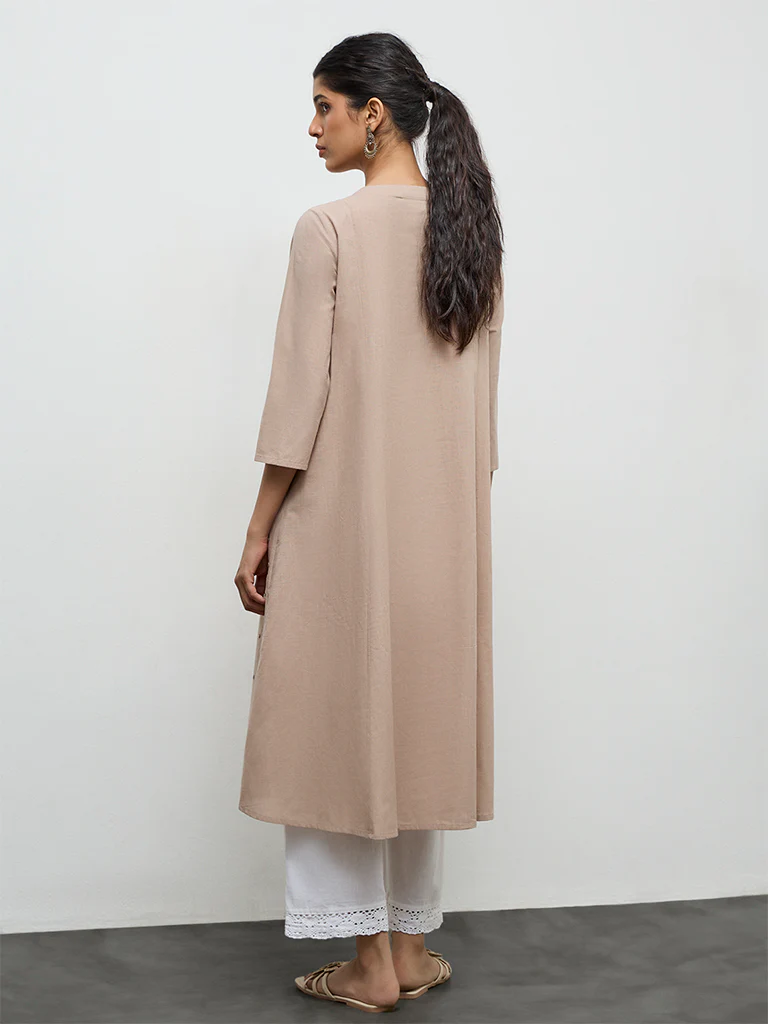 Utsa Taupe Mirror-Work Cotton A-Line Kurta - Image 4