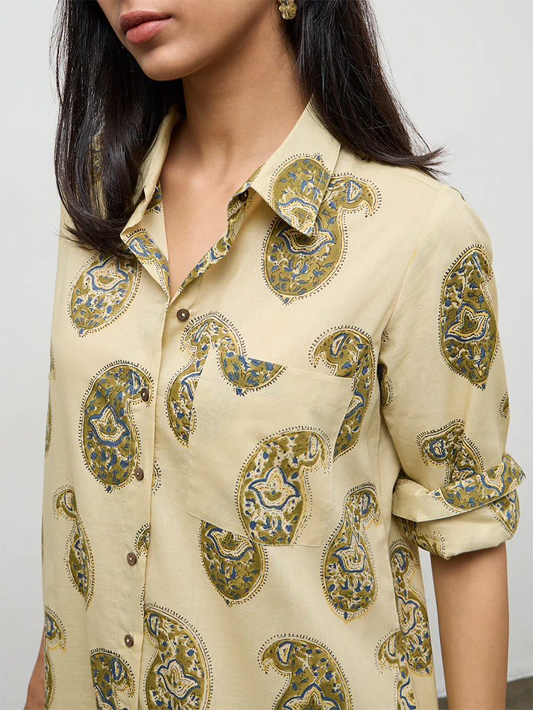Utsa Taupe Paisley Printed Cotton A-Line Kurta - Image 3