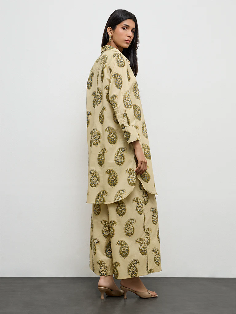 Utsa Taupe Paisley Printed Cotton A-Line Kurta - Image 4