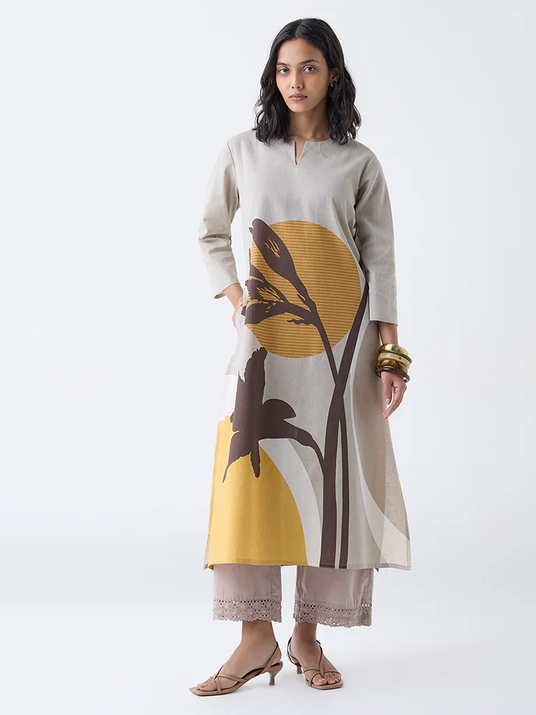 Utsa Taupe Printed A-Line Cotton-Blend Kurta