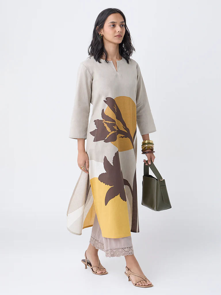 Utsa Taupe Printed A-Line Cotton-Blend Kurta - Image 2