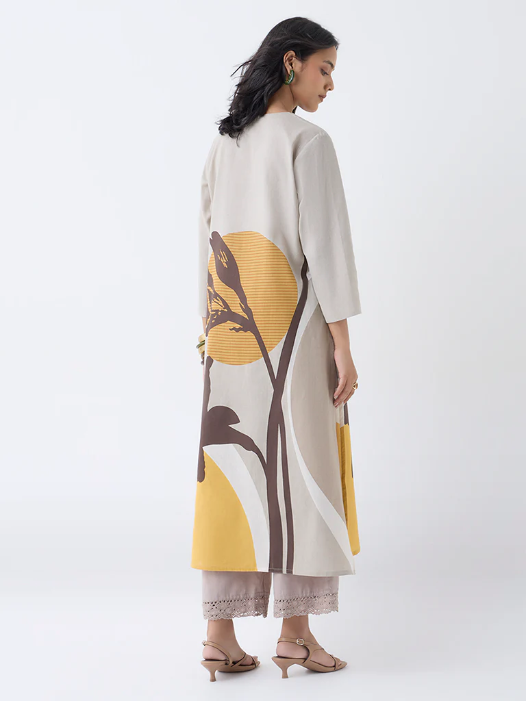 Utsa Taupe Printed A-Line Cotton-Blend Kurta - Image 4