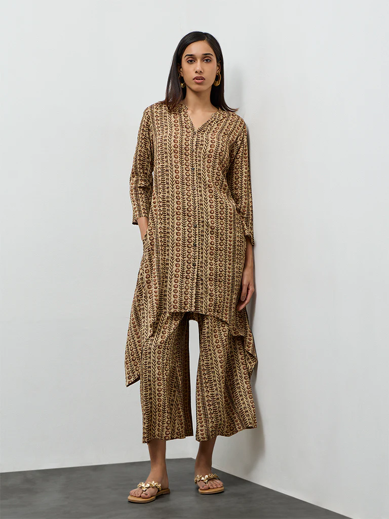 Utsa Taupe Printed A-Line Kurta