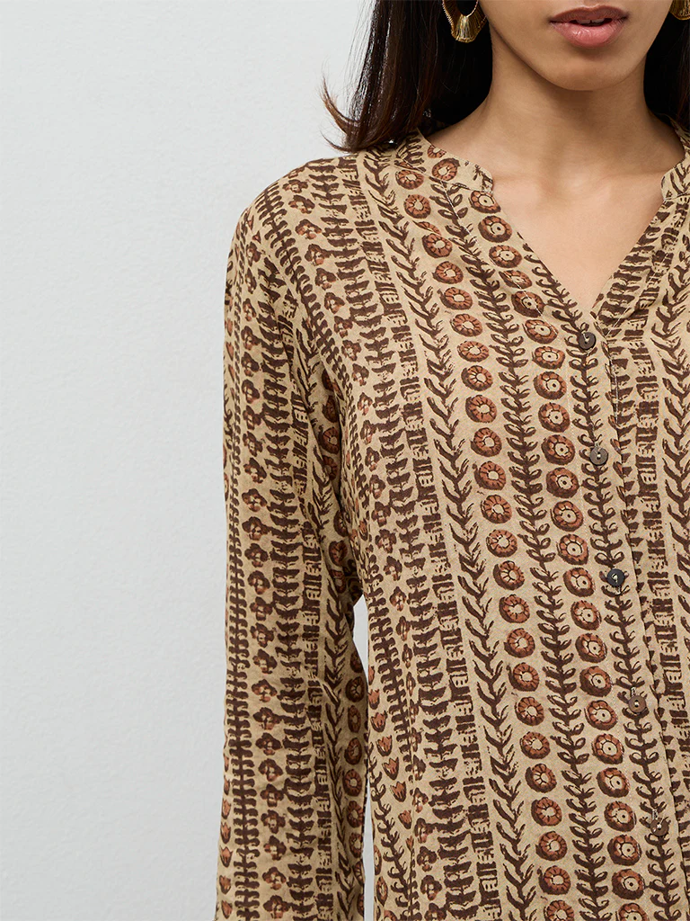 Utsa Taupe Printed A-Line Kurta - Image 3