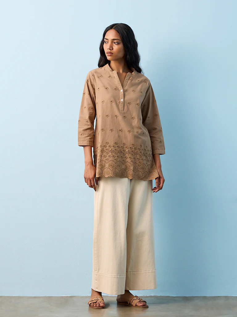 Utsa Taupe Schiffli Embroidered Cotton Straight Kurti - Image 2