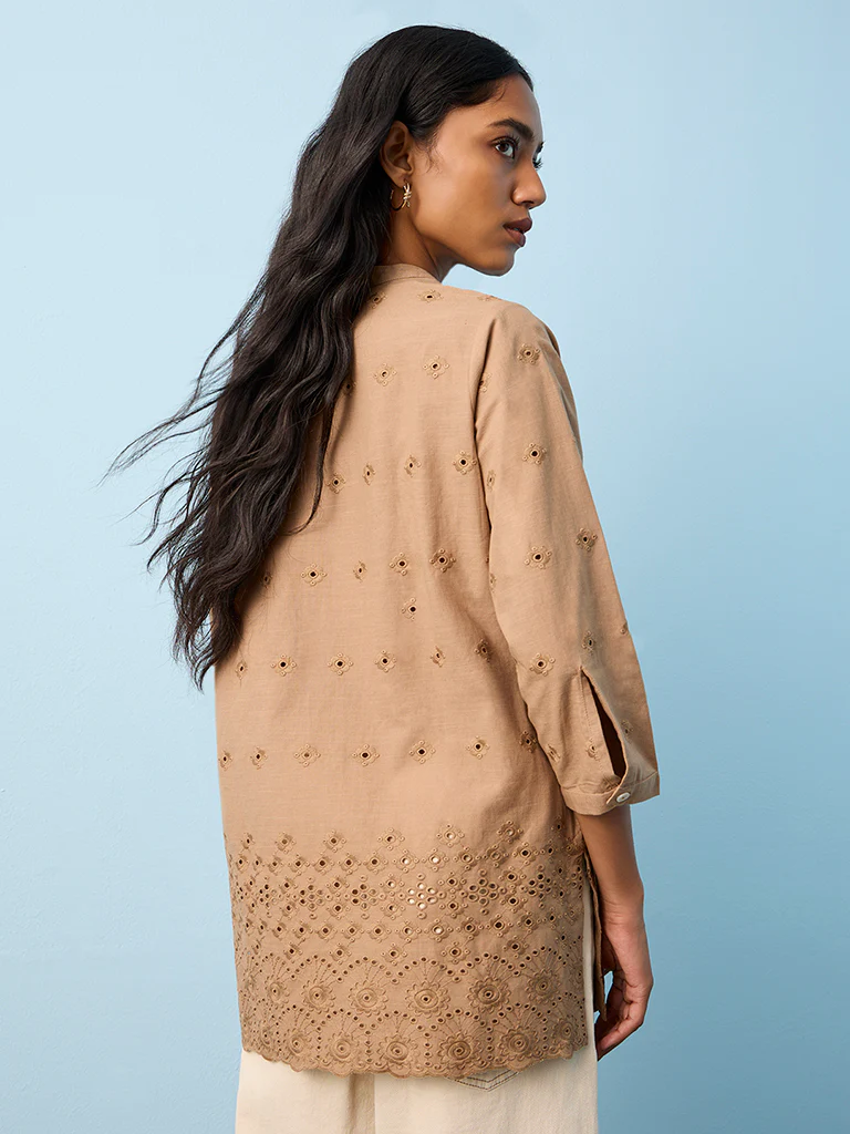 Utsa Taupe Schiffli Embroidered Cotton Straight Kurti - Image 4