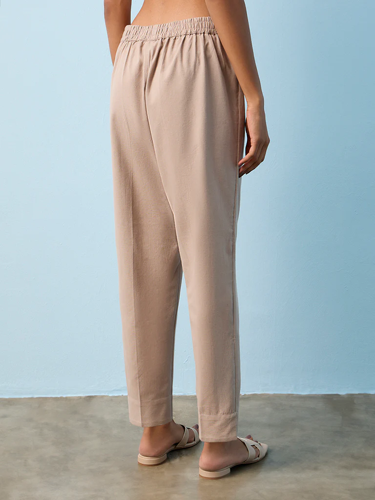 Utsa Taupe Solid Cotton-Blend Pants - Image 4