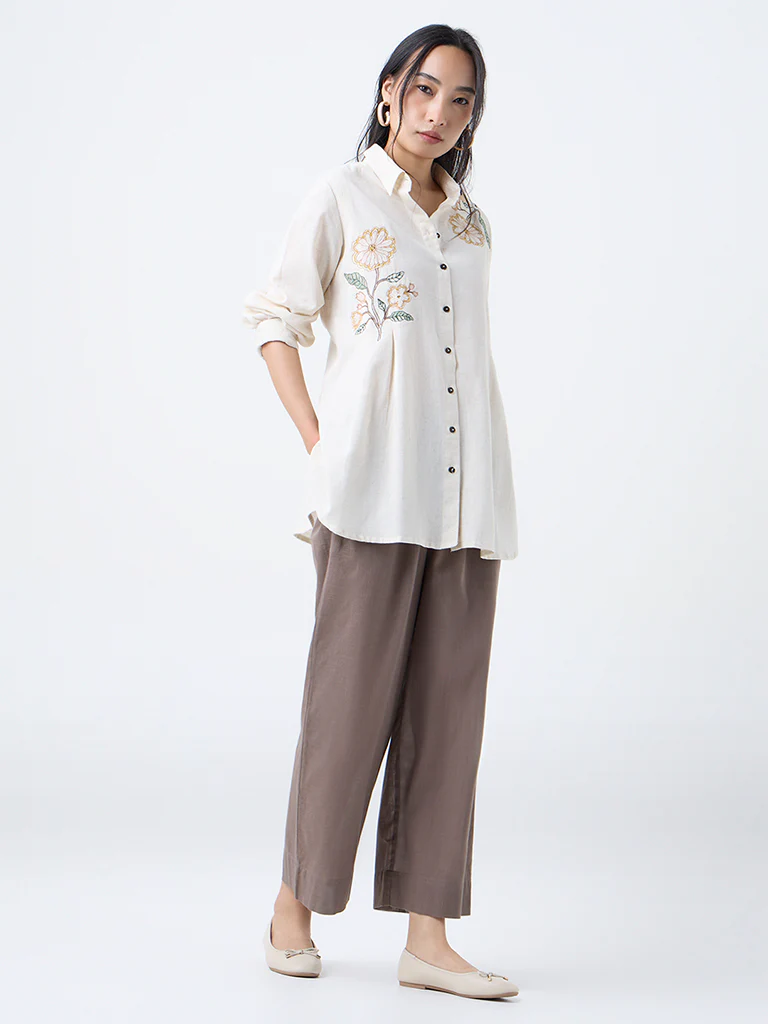 Utsa Taupe Solid Cotton Ethnic Pants - Image 2