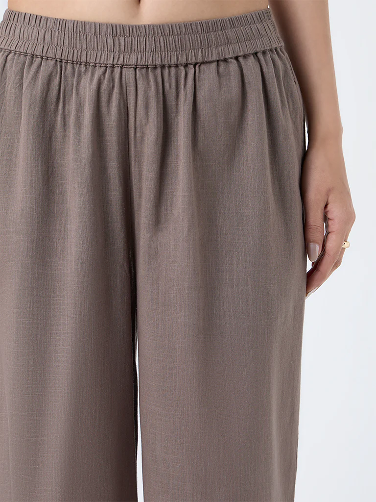 Utsa Taupe Solid Cotton Ethnic Pants - Image 3