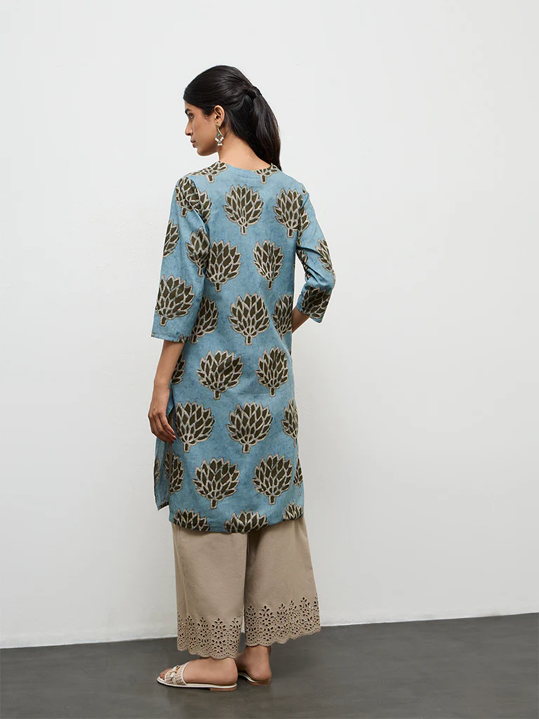 Utsa Teal Botanical Pattern Cotton Straight Kurta - Image 4