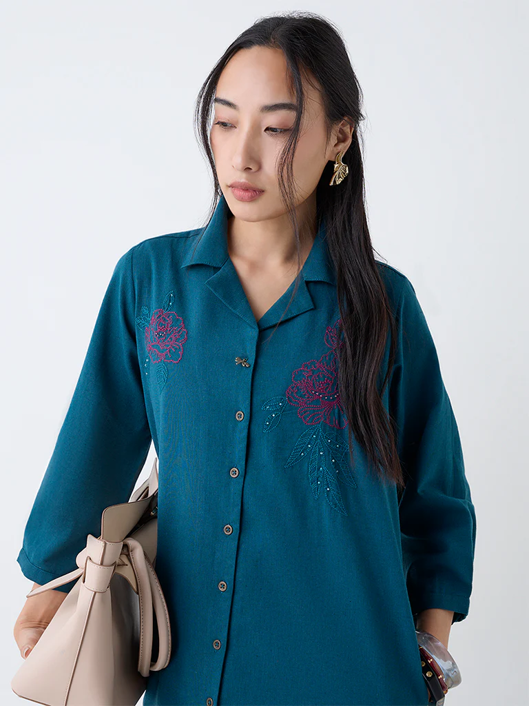 Utsa Teal Floral Embroidered Cotton-Blend A-Line Kurta - Image 3
