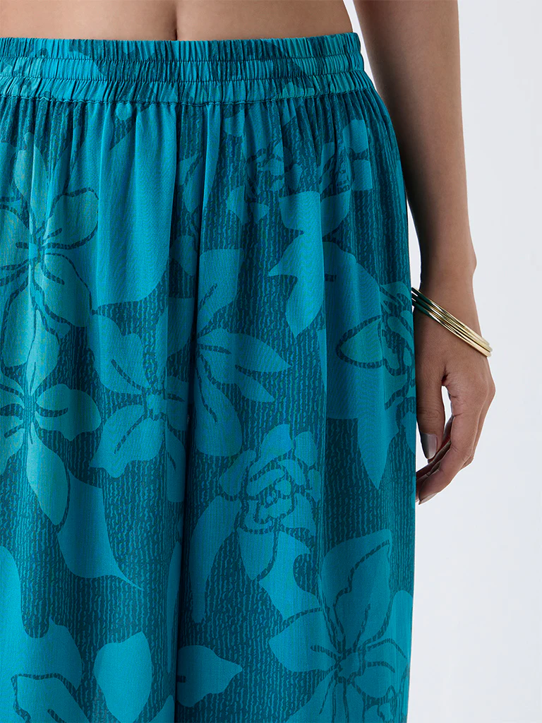 Utsa Teal Floral Pattern Cotton Ethnic Pants - Image 3