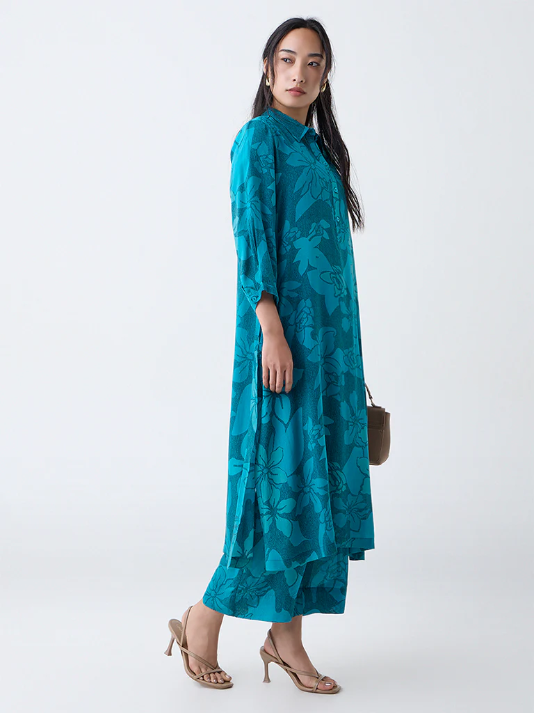 Utsa Teal Floral Printed Cotton A-Line Kurta - Image 2
