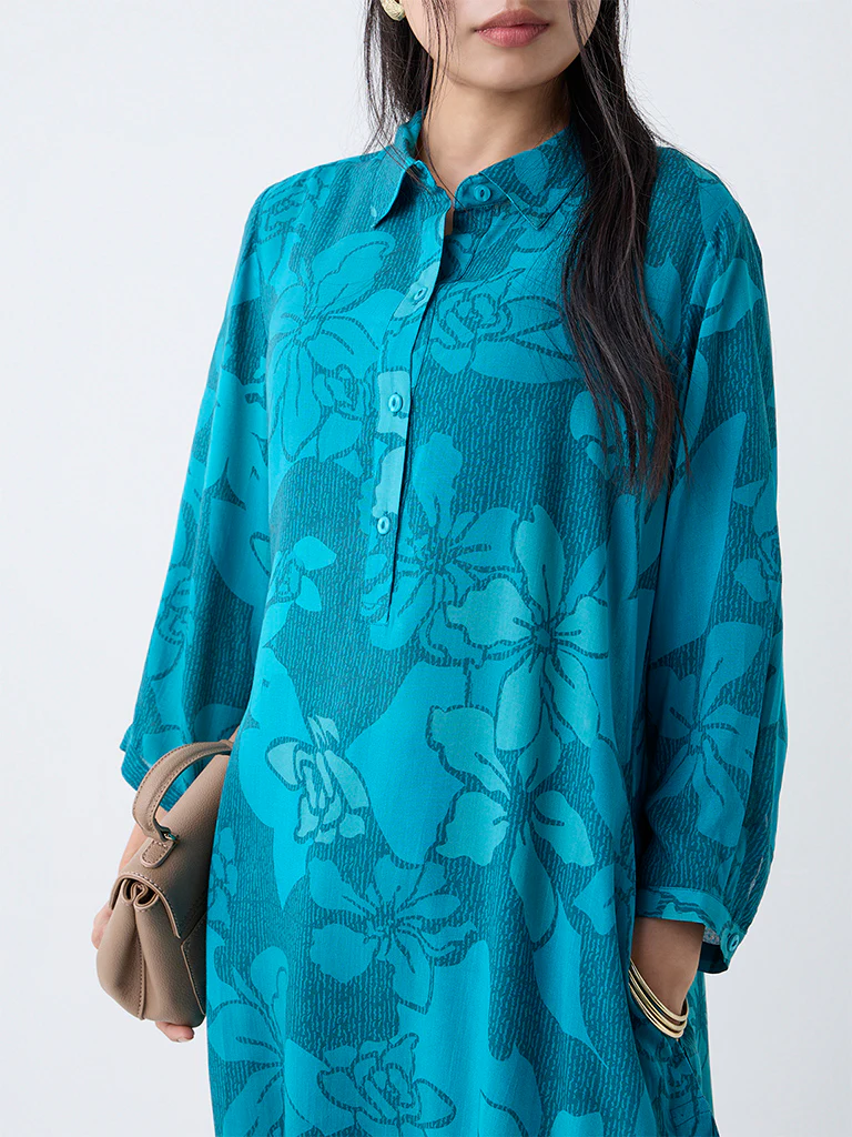 Utsa Teal Floral Printed Cotton A-Line Kurta - Image 3