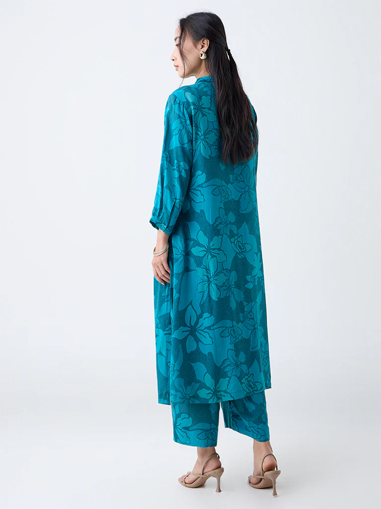 Utsa Teal Floral Printed Cotton A-Line Kurta - Image 4