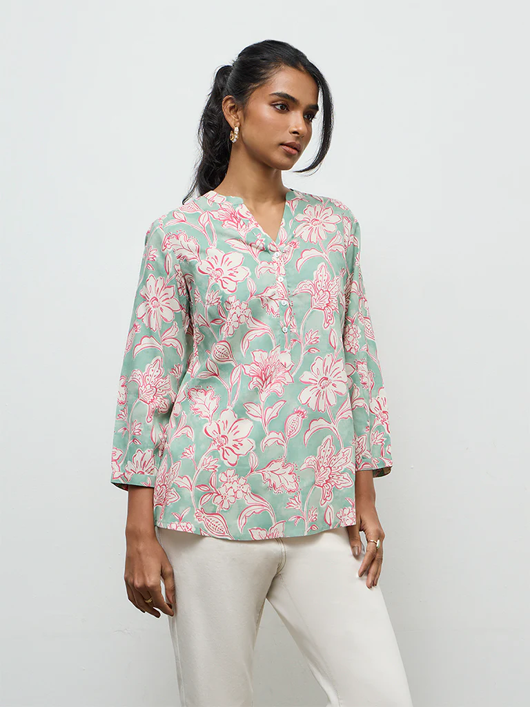 Utsa Teal Floral Printed Tunic