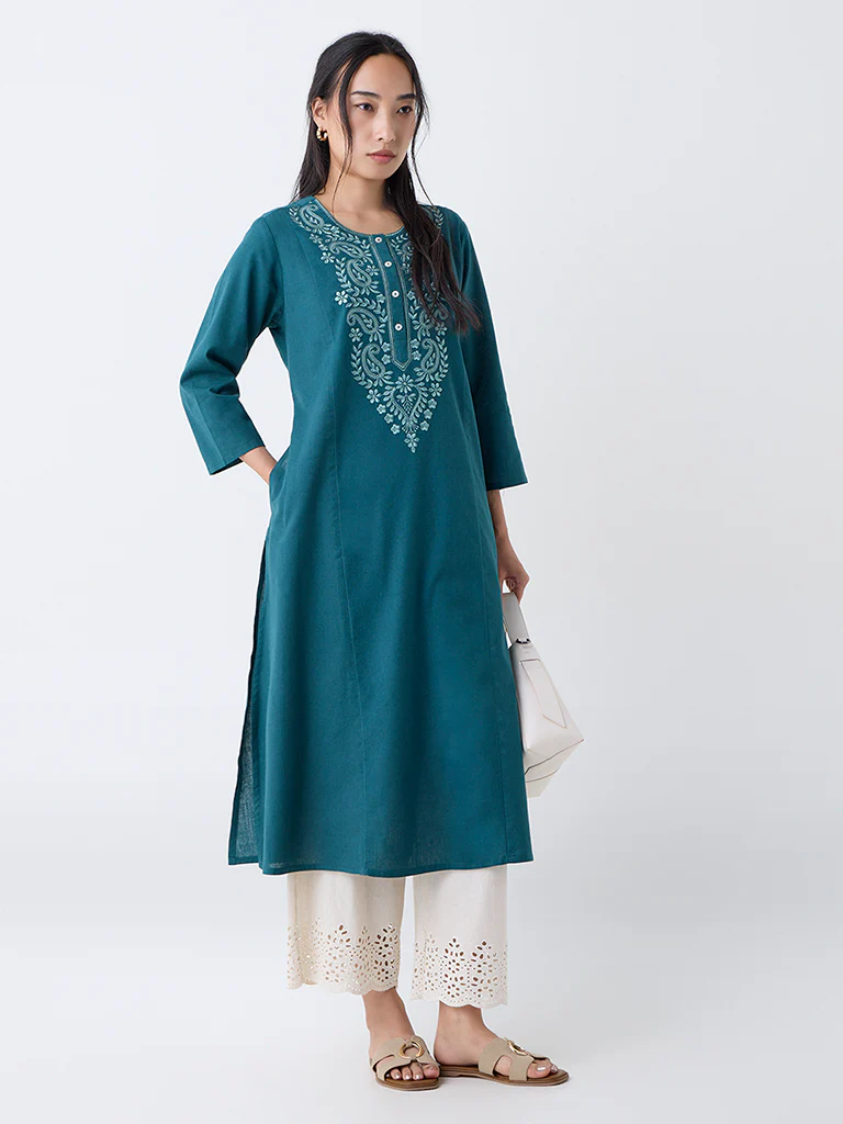 Utsa Teal Paisley Embroidered Cotton-Blend A-Line Kurta - Image 2