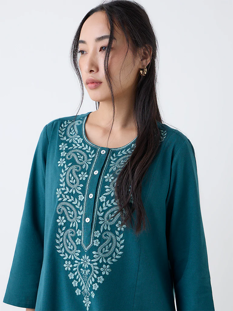 Utsa Teal Paisley Embroidered Cotton-Blend A-Line Kurta - Image 3