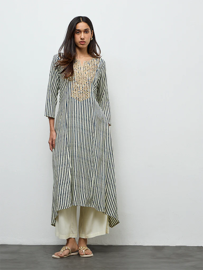 Utsa Teal Striped A-Line Kurta