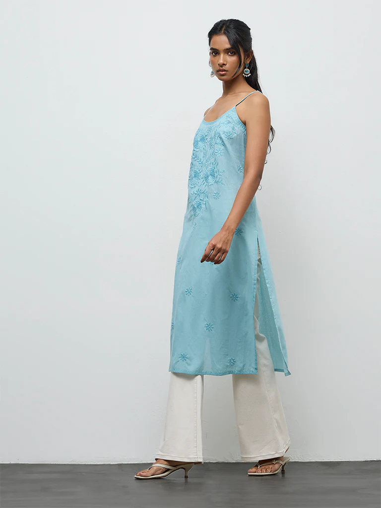 Utsa Turquoise Floral Embroidered A-Line Cotton Kurta - Image 2