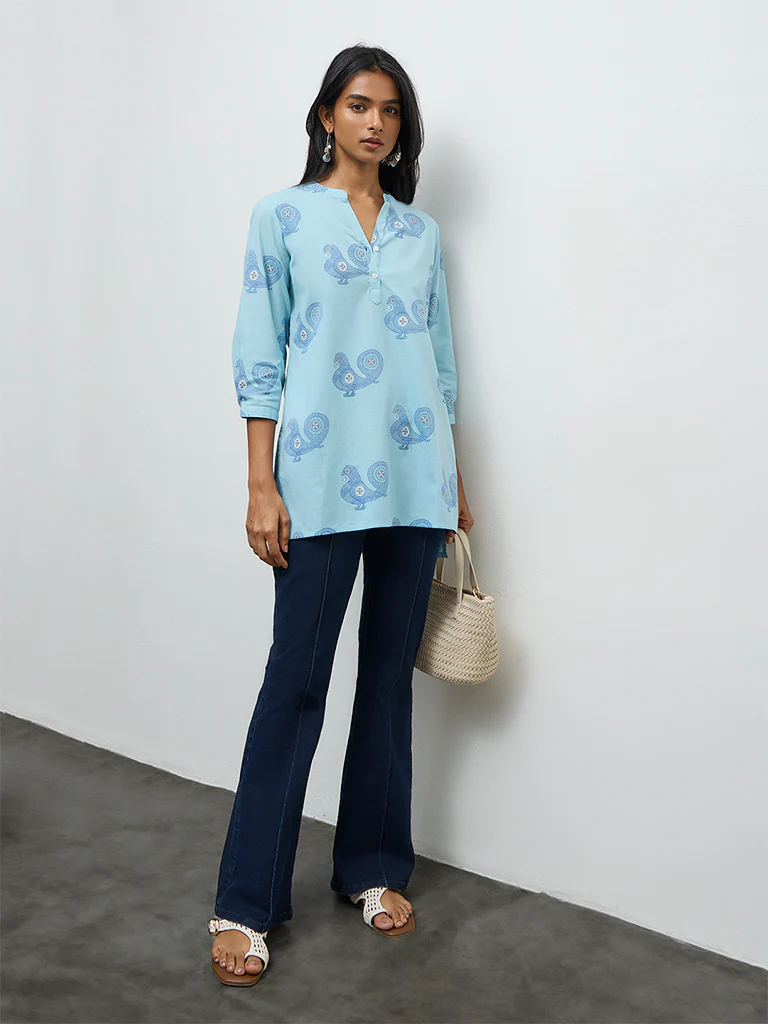 Utsa Turquoise Printed Cotton-Blend Kurti - Image 2