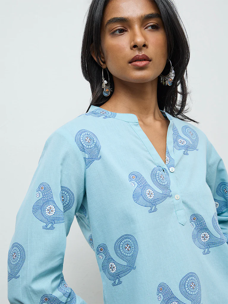 Utsa Turquoise Printed Cotton-Blend Kurti - Image 3
