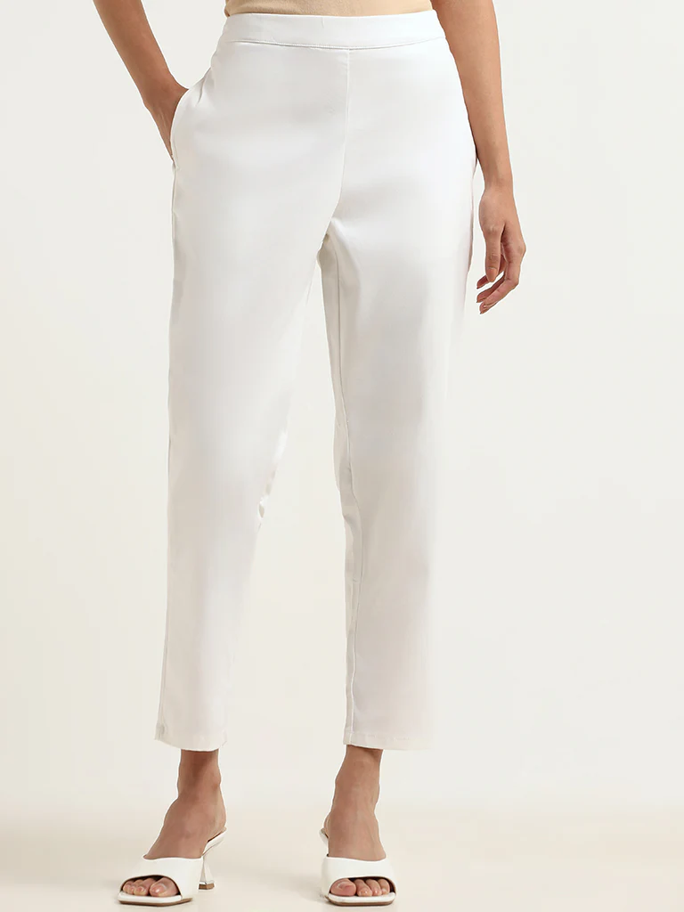 Utsa White Cotton-Blend Straight-Leg Pants - Image 2