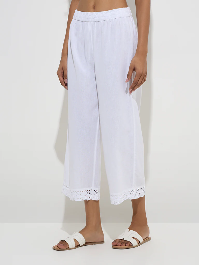 Utsa White Crochet-Detailed Cotton Ethnic Pants  - Image 2