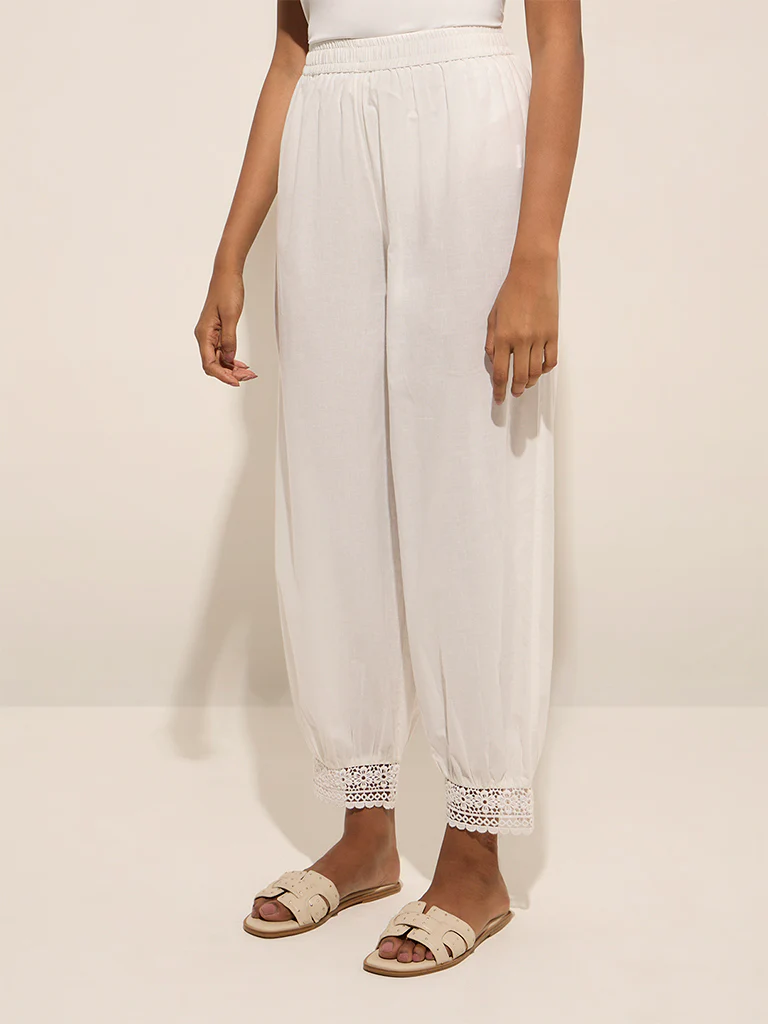 Utsa White Crochet-Detailed Harem-Style Cotton Pants - Image 2
