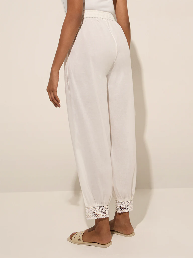 Utsa White Crochet-Detailed Harem-Style Cotton Pants - Image 4