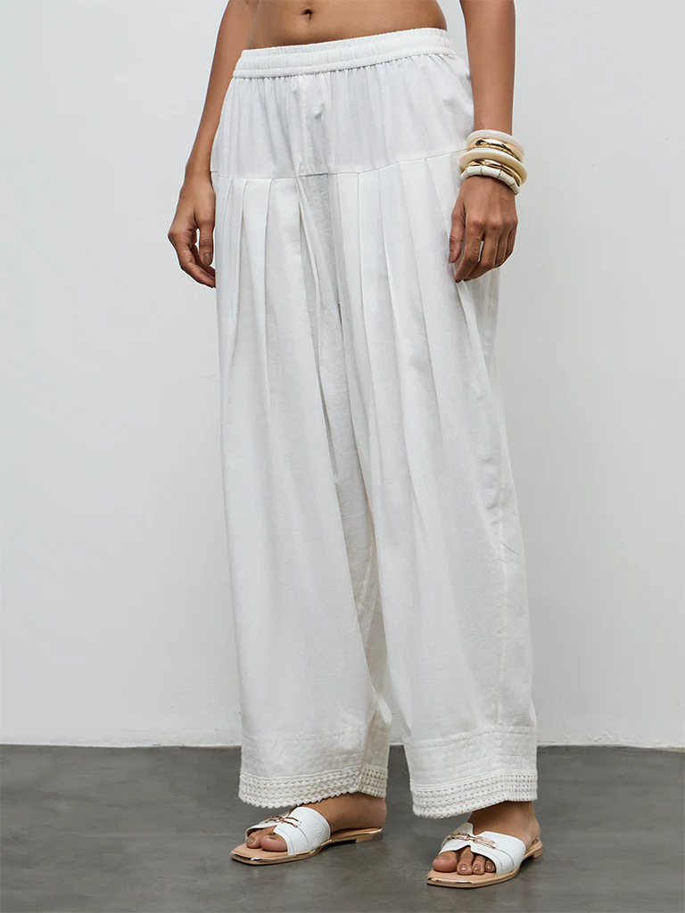 Utsa White Embroidered Cotton-Blend Farshi Pants