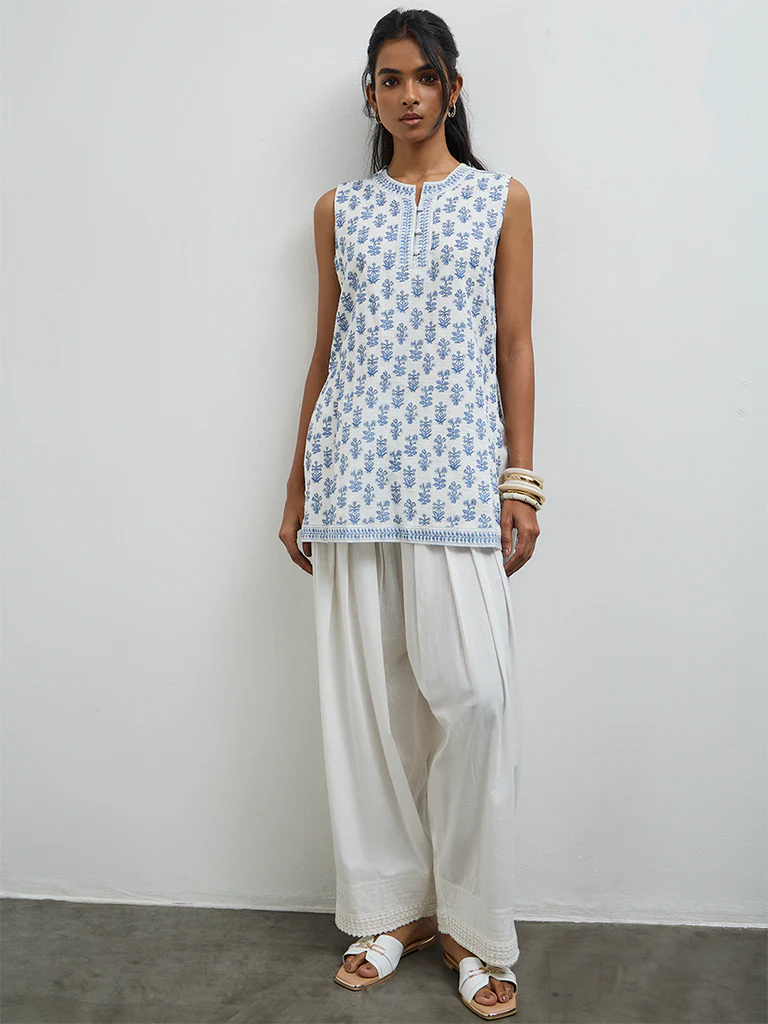 Utsa White Embroidered Cotton-Blend Farshi Pants - Image 2