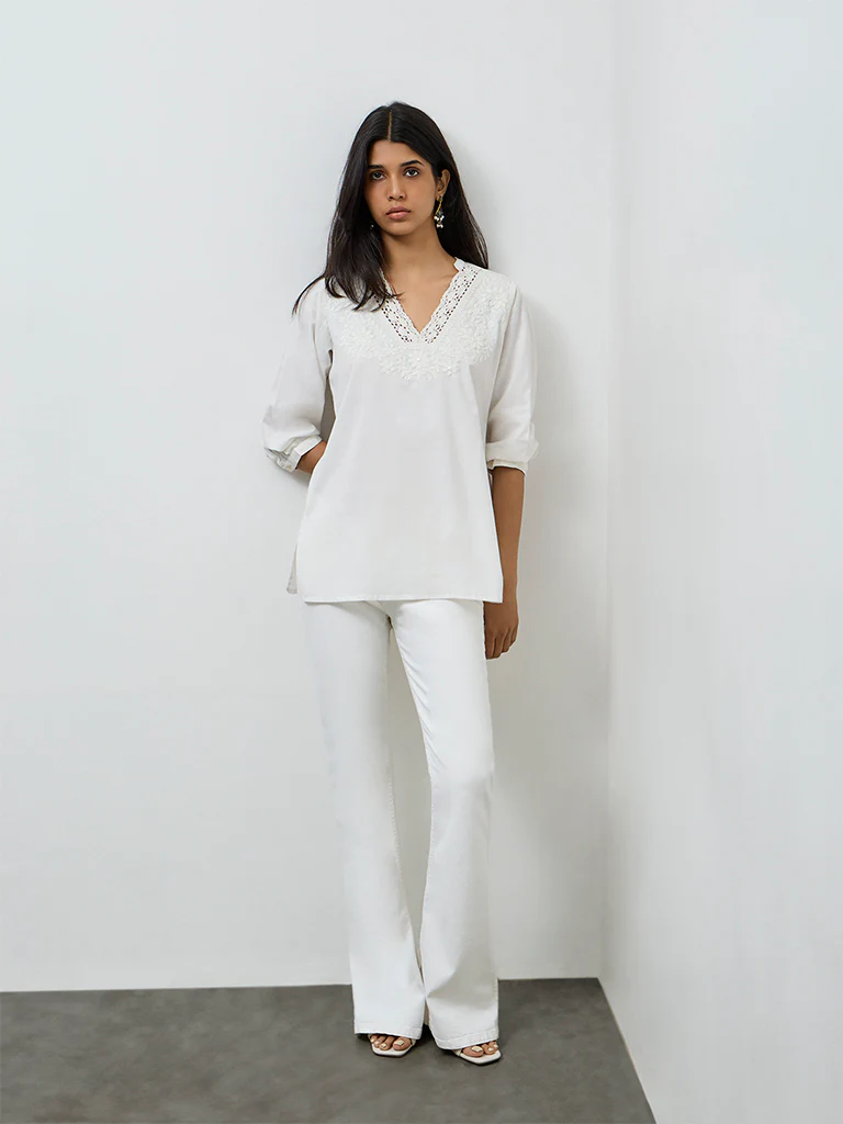Utsa White Embroidered Cotton-Blend Tunic - Image 2