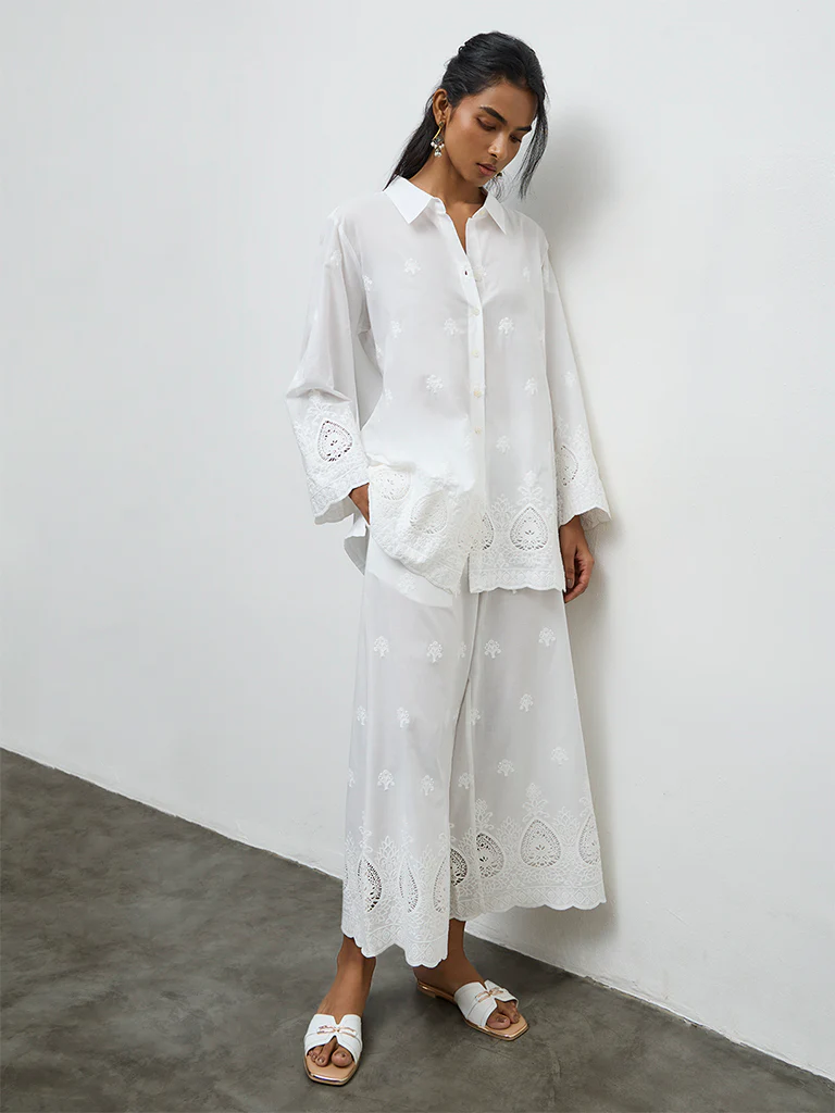 Utsa White Embroidered Cotton Schiffli Shirt - Image 2