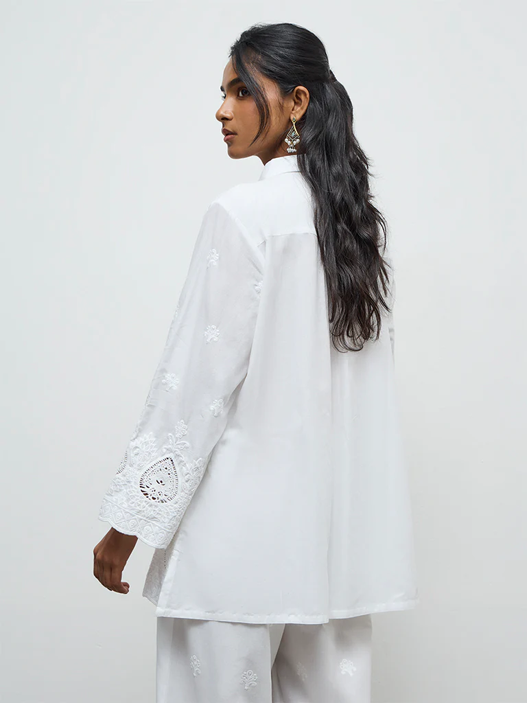 Utsa White Embroidered Cotton Schiffli Shirt - Image 4