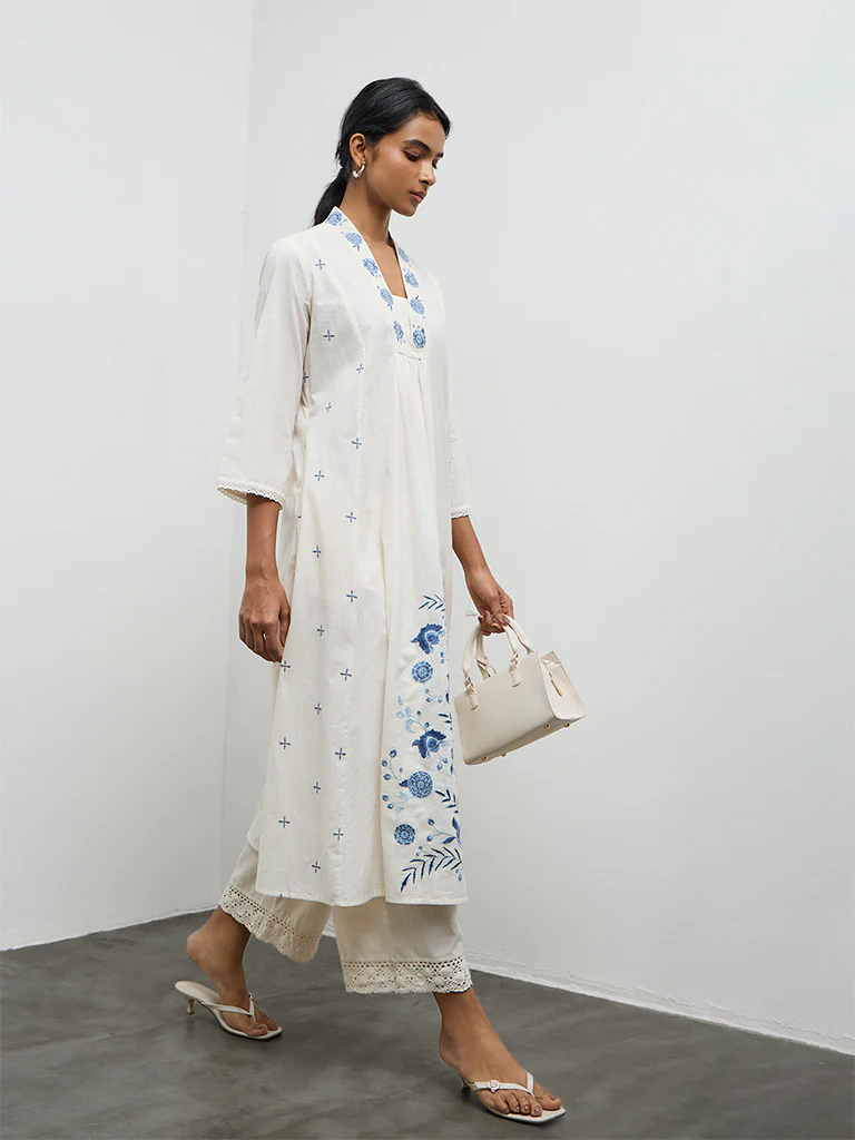 Utsa White Floral Embroidered A-Line Cotton Kurta - Image 2