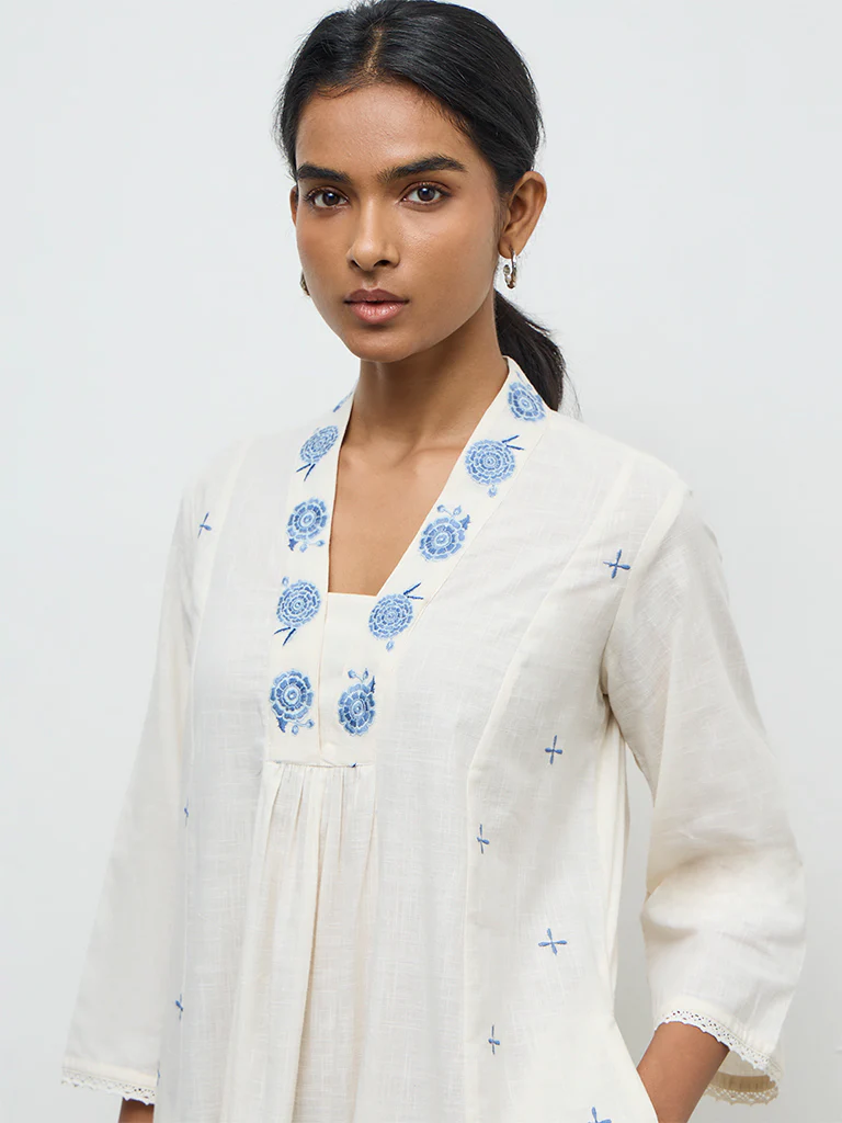 Utsa White Floral Embroidered A-Line Cotton Kurta - Image 3