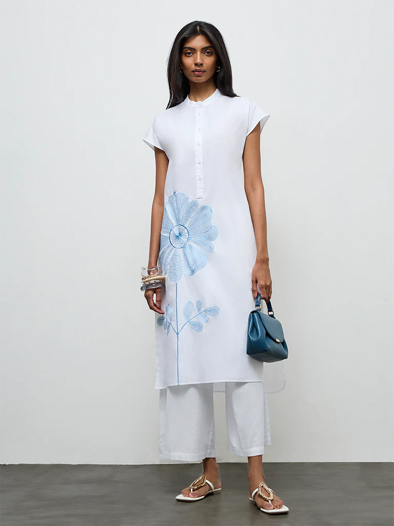 Utsa White Floral Embroidered Cotton A-Line Kurta - Image 2