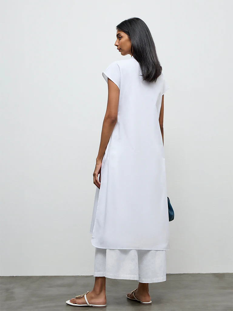 Utsa White Floral Embroidered Cotton A-Line Kurta - Image 4