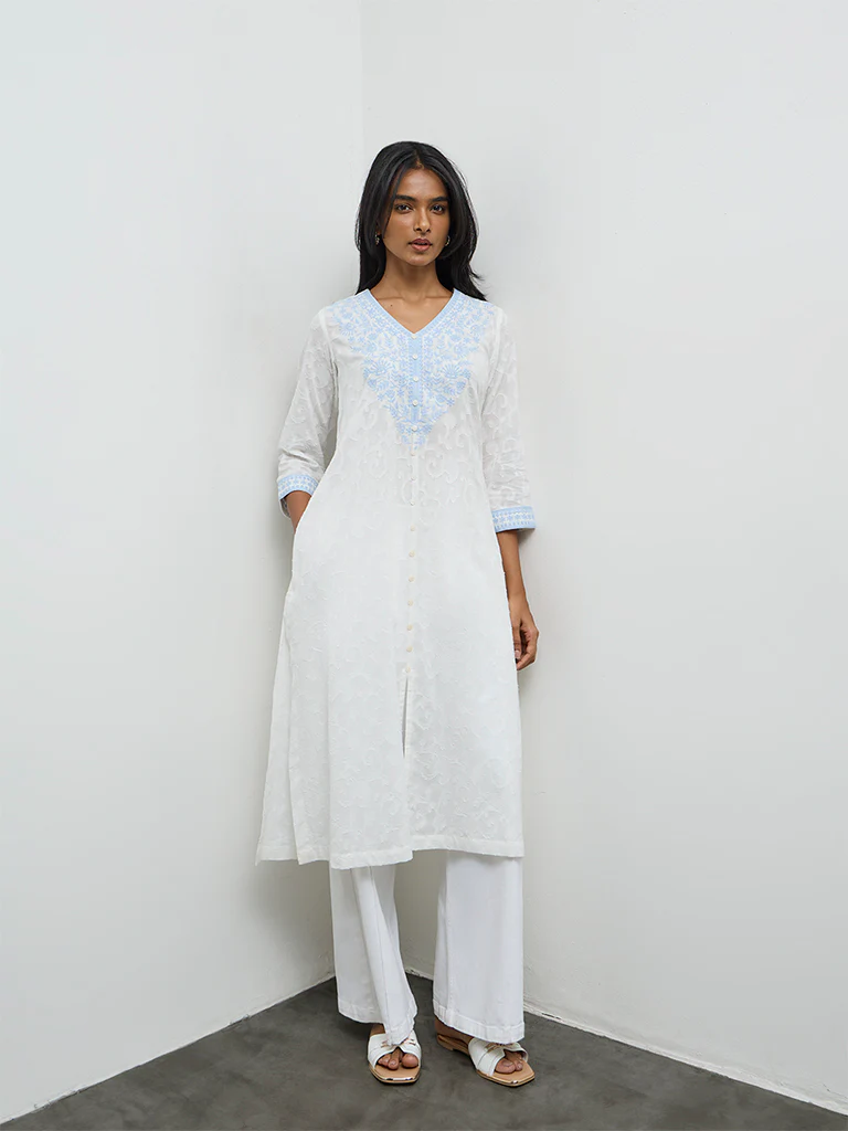 Utsa White Floral Embroidered Cotton A-Line Kurta