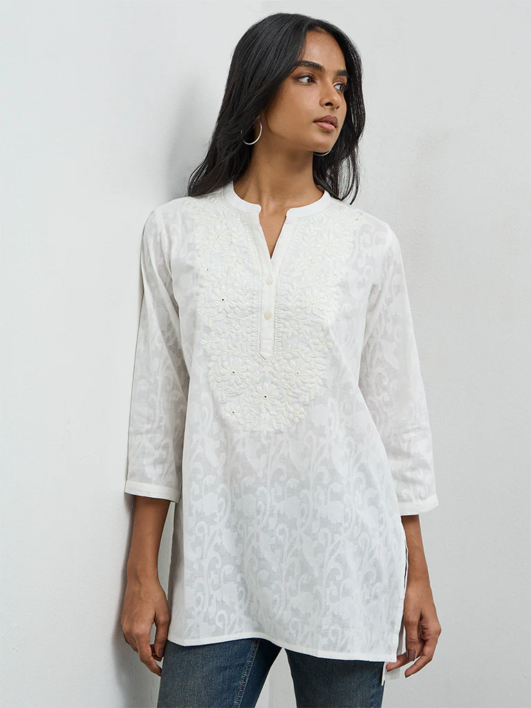 Utsa White Floral Embroidered Cotton-Blend Kurti - Image 2